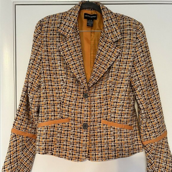 Blazer Metro style Brown Orange Cream Cross-stitch Blend - Mid Century Modern 10 - Picture 1 of 7